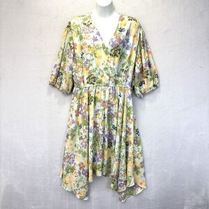 Parker & Rowe Sharkbite Dress Womens XL Pastel Floral Puff Sleeve Surplice Hanky